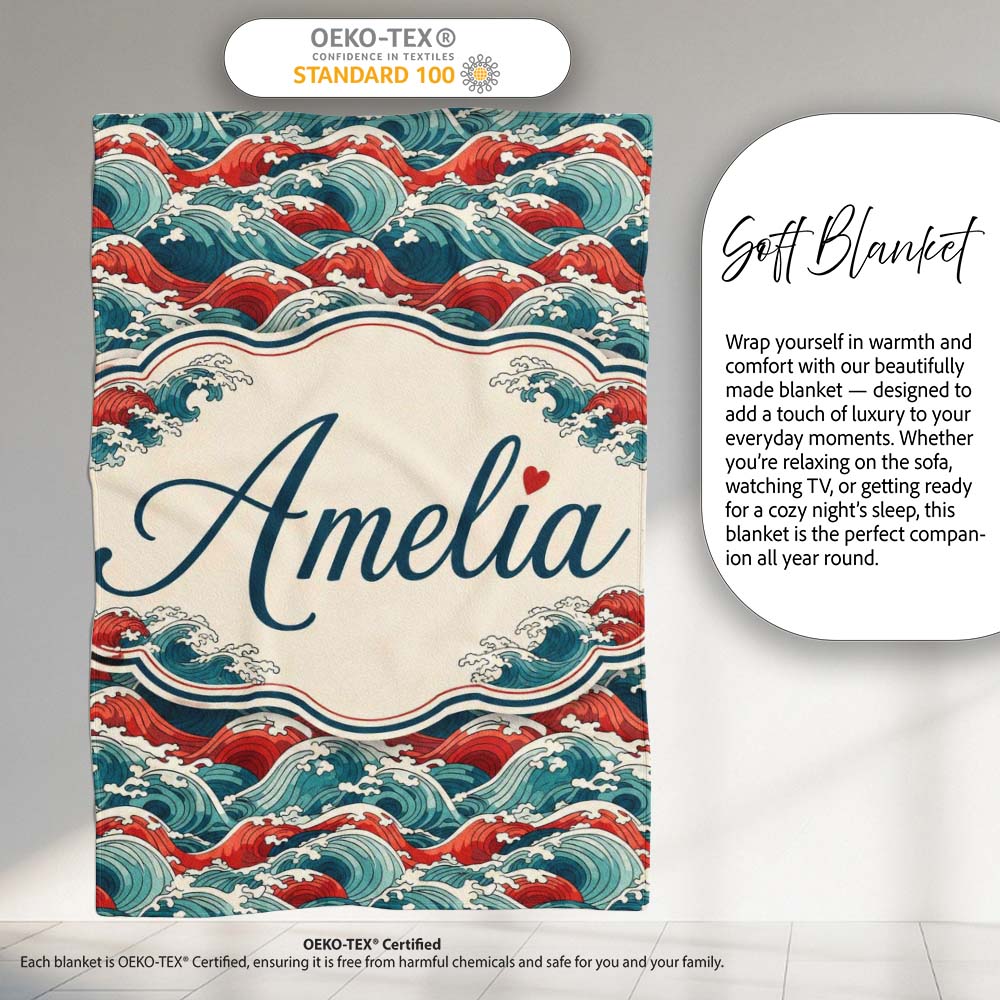 Bold Red and Teal Ocean Waves Seamless Pattern Name Cute Unique Gift Personalised Custom Name Super Soft Fleece Blanket Bed Sofa Throw