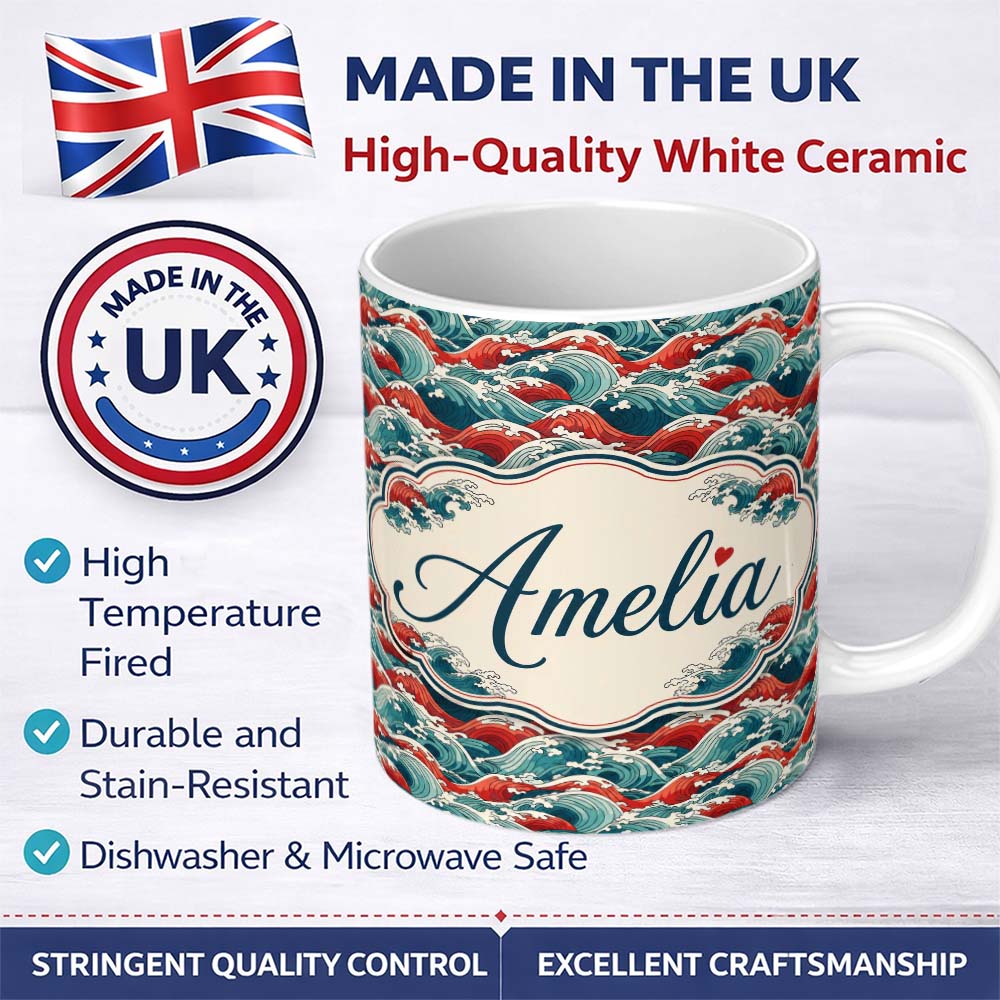 Personalized Custom Name Bold Red and Teal Ocean Waves Seamless Pattern Name Cute Unique Gift 11oz Ceramic Coffee Tea Mug White Large Handle
