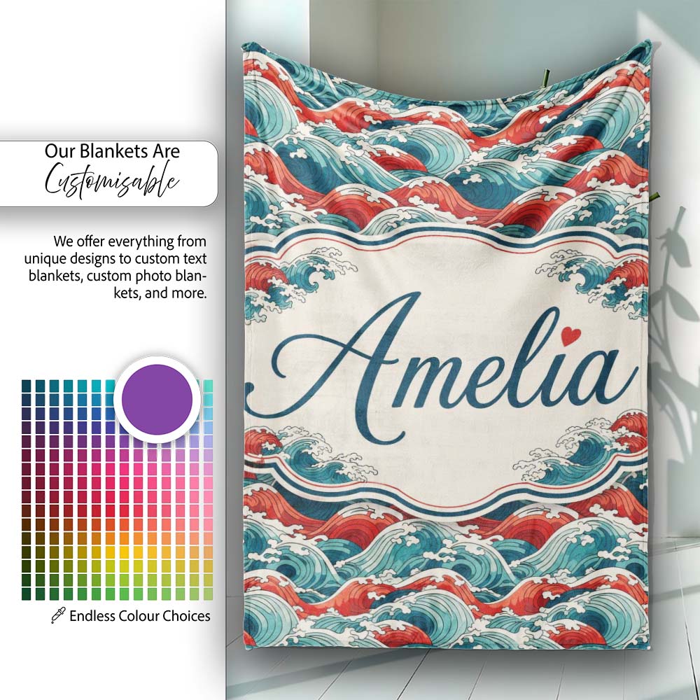 Bold Red and Teal Ocean Waves Seamless Pattern Name Cute Unique Gift Personalised Custom Name Super Soft Fleece Blanket Bed Sofa Throw