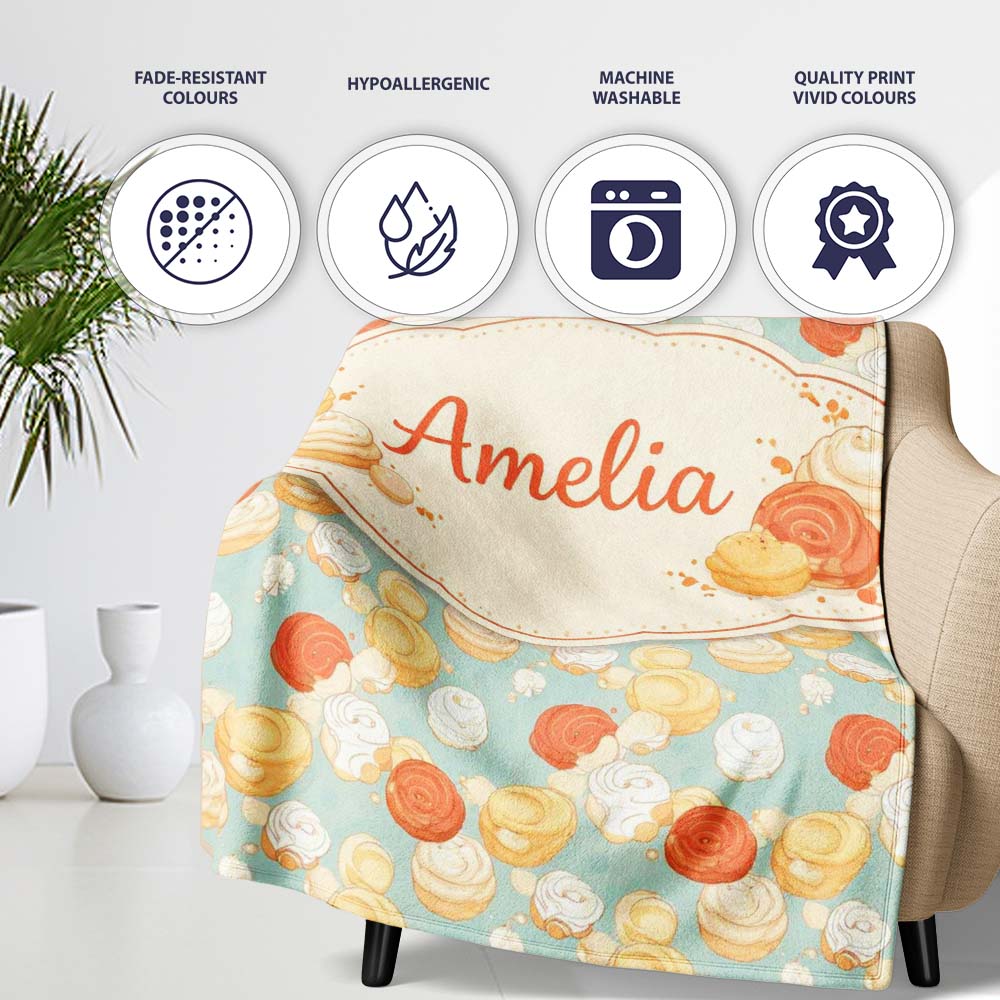 Vintage Dessert Plate Cake Tea Seamless Pattern Perfect Gift for Her Personalised Custom Name Super Soft Fleece Blanket Bed Sofa Throw