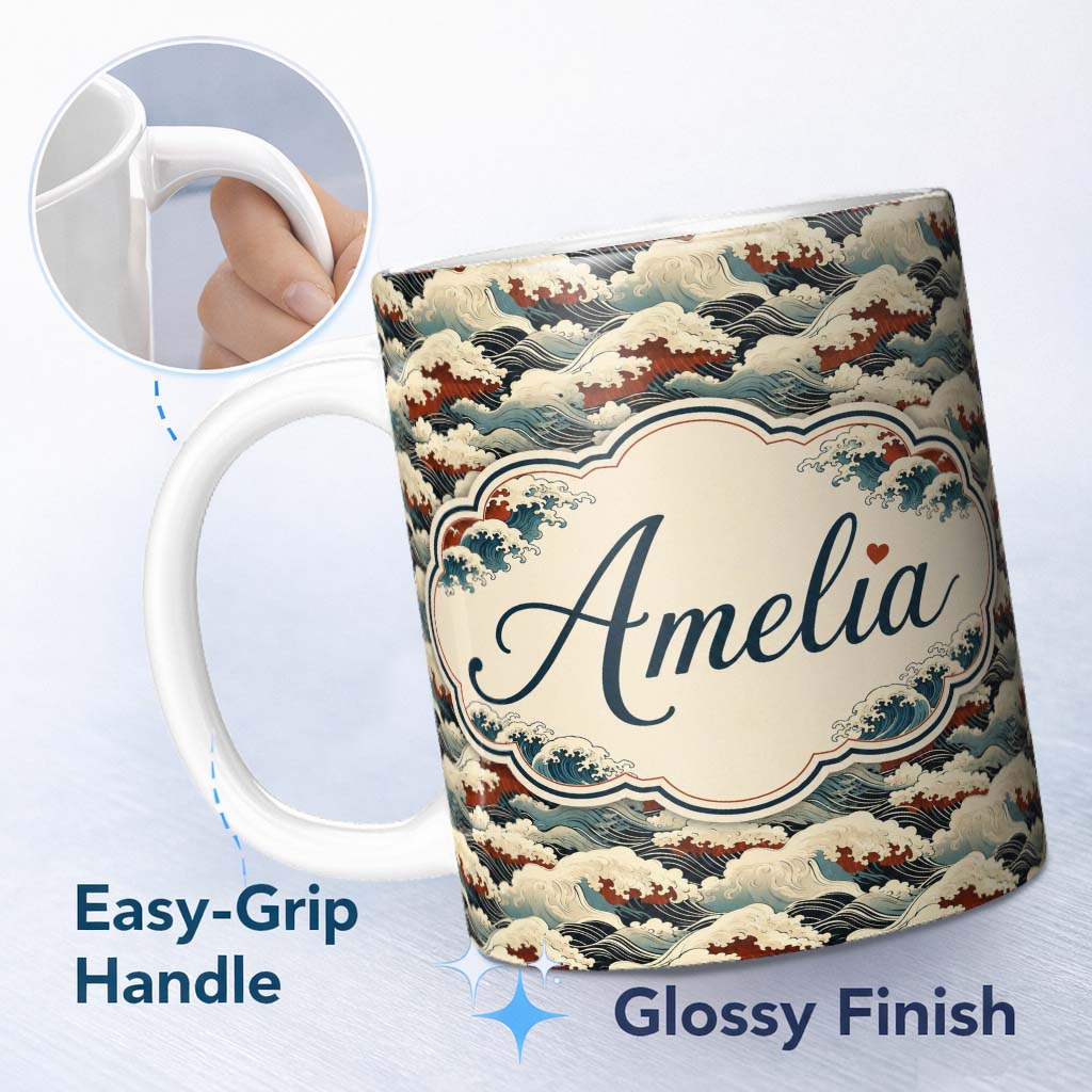 Personalized Custom Name Dark Navy and Cream Japanese Waves Seamless Pattern Name Cute 11oz Ceramic Coffee Tea Mug White Large Handle