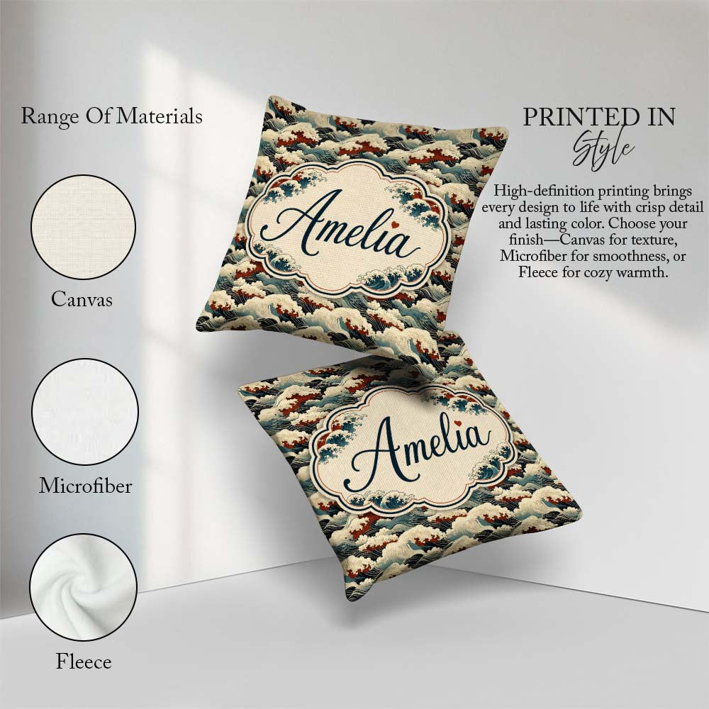 Custom Name Dark Navy and Cream Japanese Waves Pattern Name Cute Square Filled Cushion Throw Pillow Sofa Bed Home Decor Zip Washable UK Made