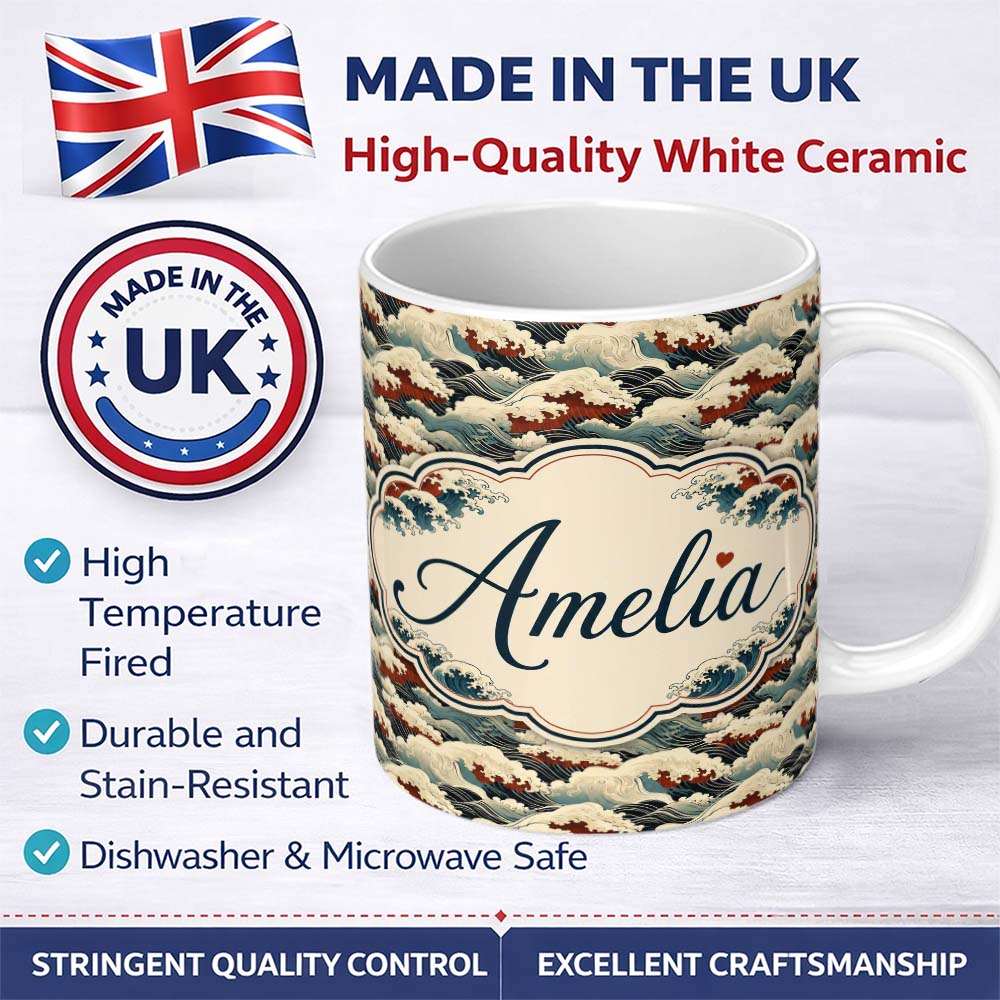 Personalized Custom Name Dark Navy and Cream Japanese Waves Seamless Pattern Name Cute 11oz Ceramic Coffee Tea Mug White Large Handle