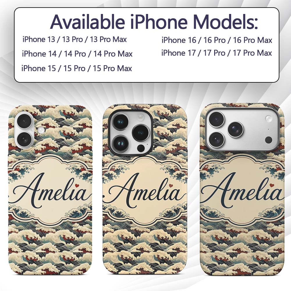 Dark Navy and Cream Japanese Waves Printed Design Custom Name Protective Phone Case Mobile Cover Durable Everyday Smartphone Shock Resistant