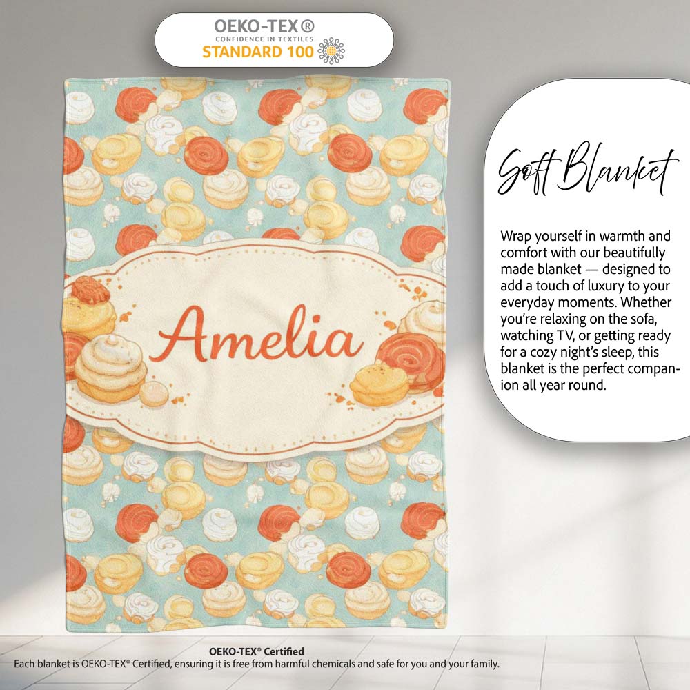 Vintage Dessert Plate Cake Tea Seamless Pattern Perfect Gift for Her Personalised Custom Name Super Soft Fleece Blanket Bed Sofa Throw