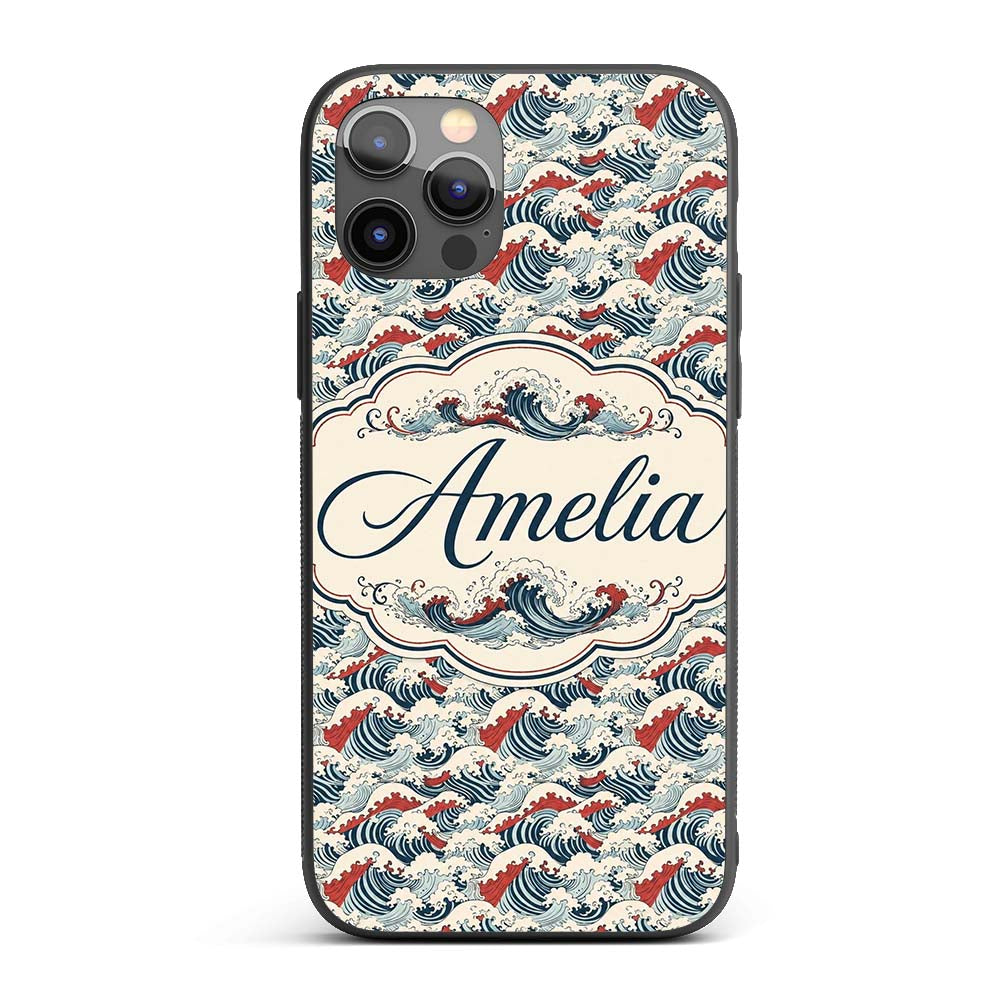 Traditional Red Cresting Waves Seamless Pattern Custom Name Protective Phone Case Mobile Cover Durable Everyday Smartphone Shock Resistant