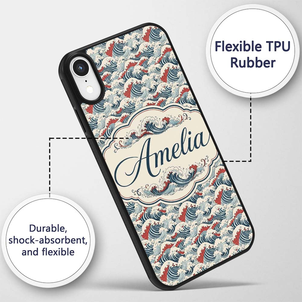 Traditional Red Cresting Waves Seamless Pattern Custom Name Protective Phone Case Mobile Cover Durable Everyday Smartphone Shock Resistant