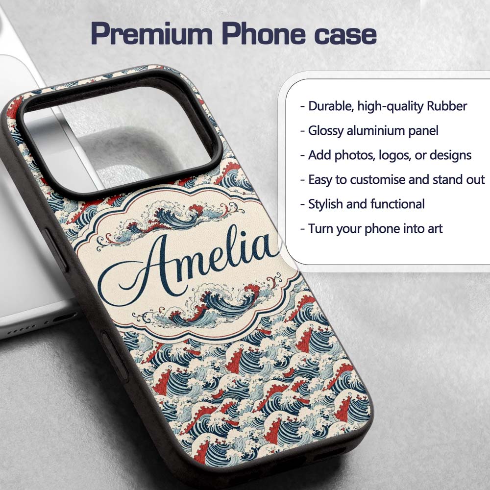 Traditional Red Cresting Waves Seamless Pattern Custom Name Protective Phone Case Mobile Cover Durable Everyday Smartphone Shock Resistant