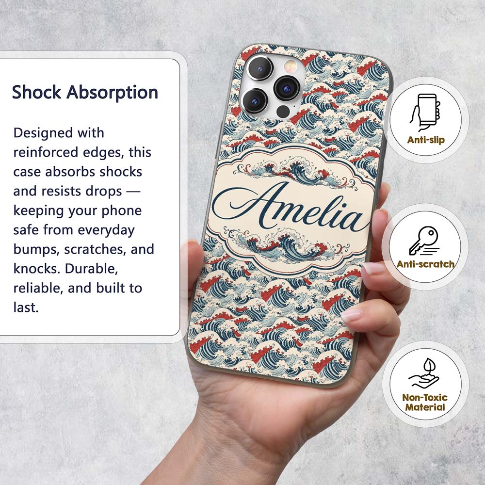 Traditional Red Cresting Waves Seamless Pattern Custom Name Protective Phone Case Mobile Cover Durable Everyday Smartphone Shock Resistant