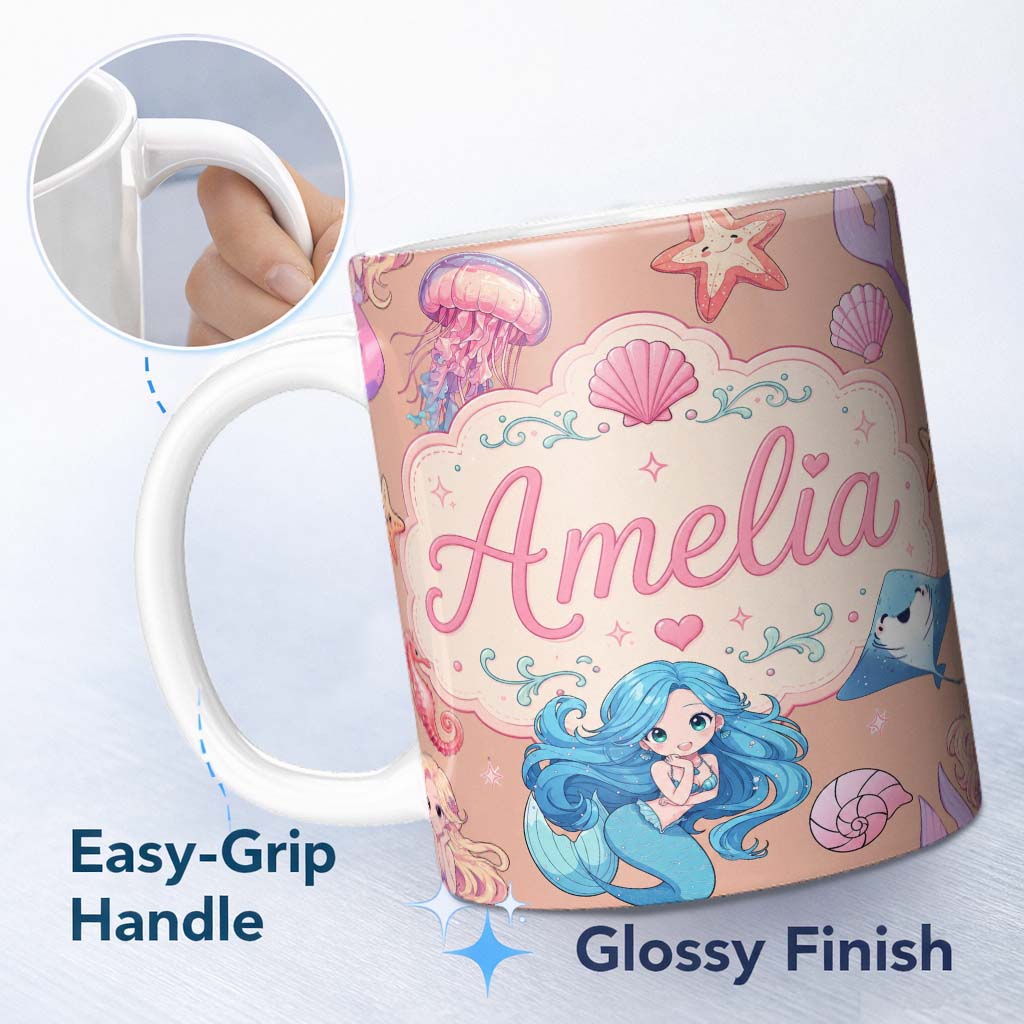 Personalized Custom Name Cute Blue Hair Mermaid Jellyfish Seahorse Peach Background Seamless 11oz Ceramic Coffee Tea Mug White Large Handle