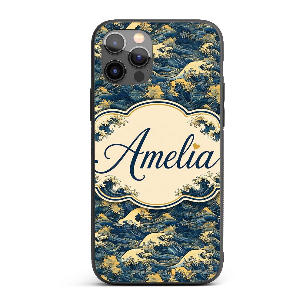 Elegant Gold and Deep Blue Waves Seamless Pattern Custom Name Protective Phone Case Mobile Cover Durable Everyday Smartphone Shock Resistant