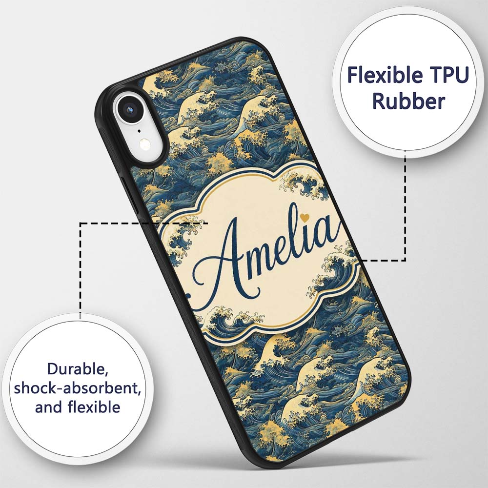 Elegant Gold and Deep Blue Waves Seamless Pattern Custom Name Protective Phone Case Mobile Cover Durable Everyday Smartphone Shock Resistant