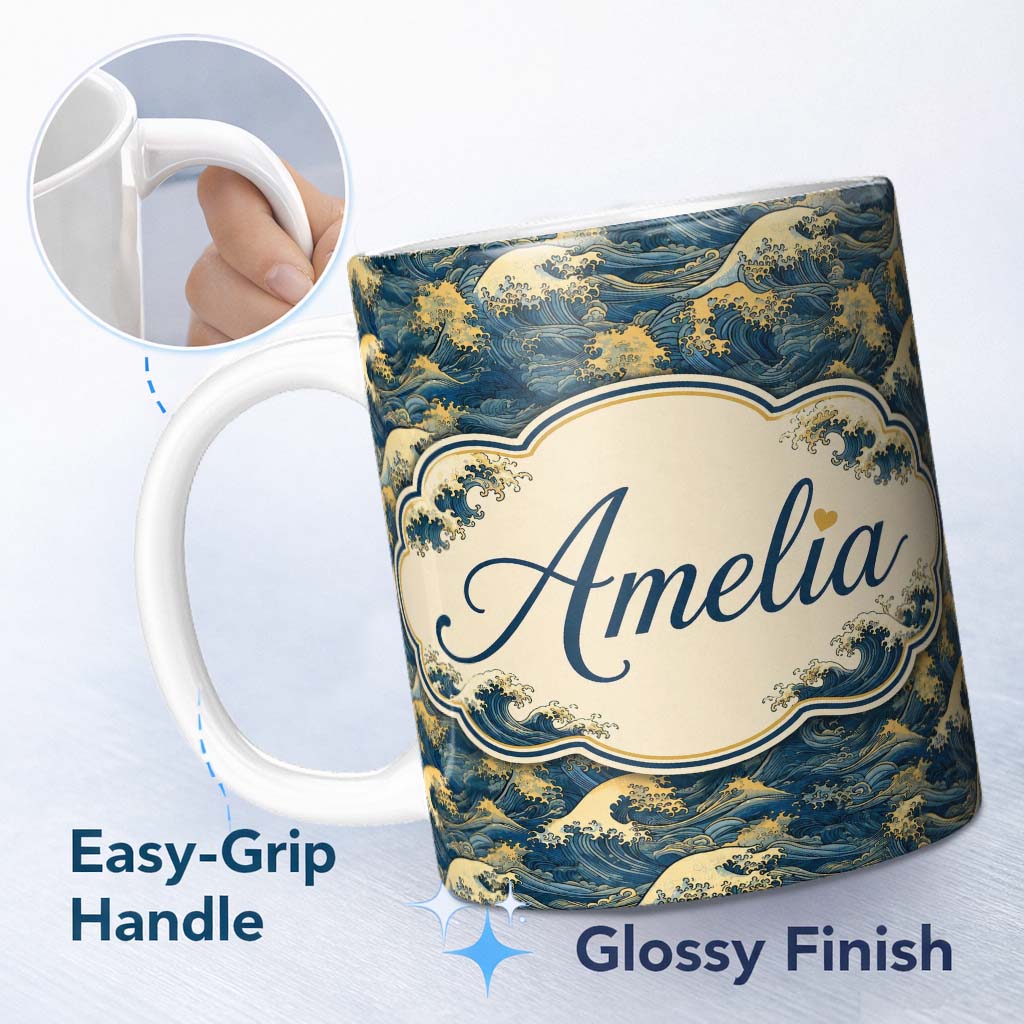 Personalized Custom Name Elegant Gold and Deep Blue Waves Seamless Pattern Name Cute Unique 11oz Ceramic Coffee Tea Mug White Large Handle