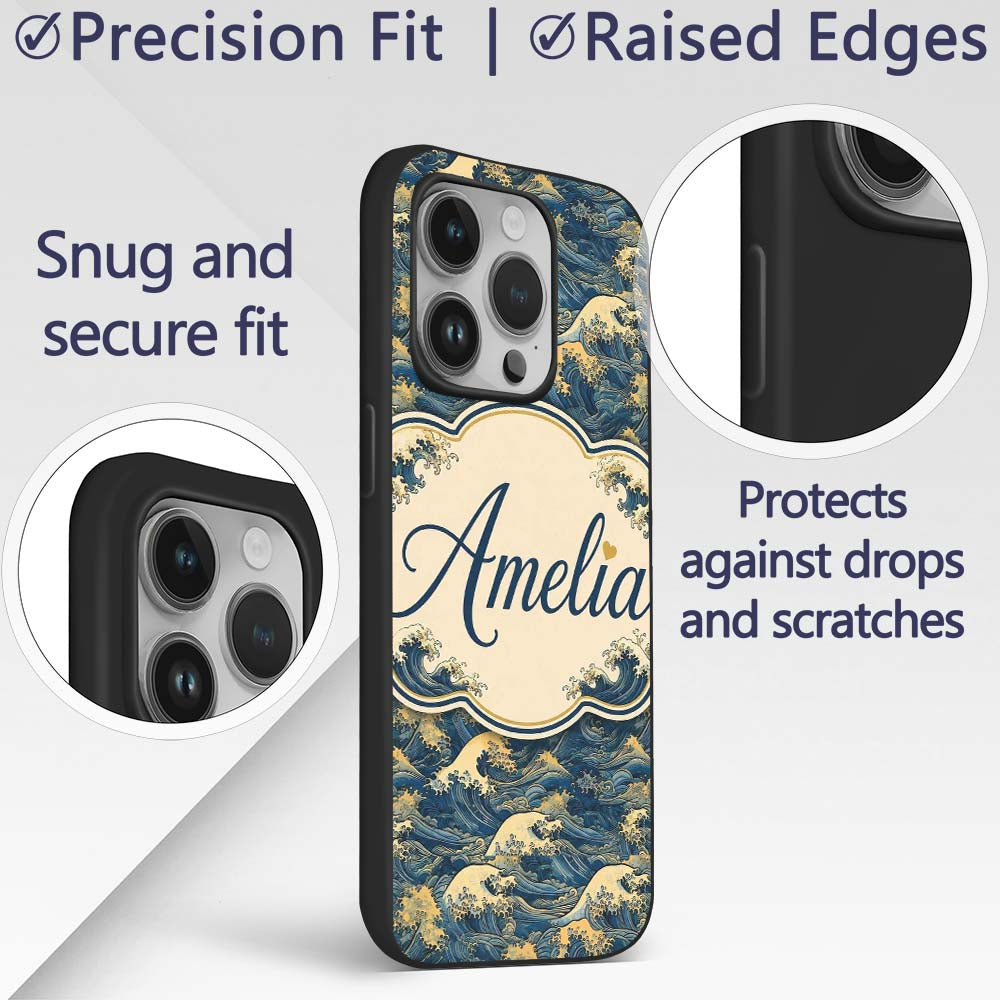 Elegant Gold and Deep Blue Waves Seamless Pattern Custom Name Protective Phone Case Mobile Cover Durable Everyday Smartphone Shock Resistant