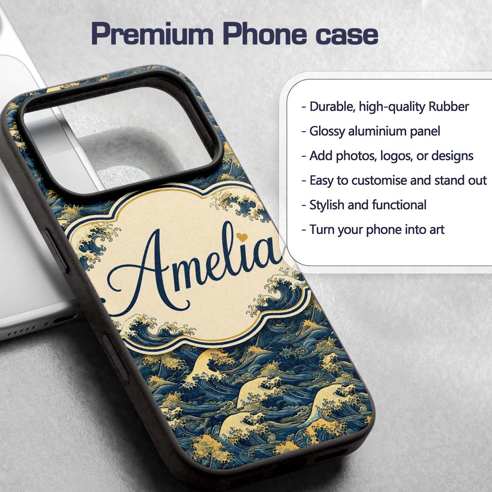 Elegant Gold and Deep Blue Waves Seamless Pattern Custom Name Protective Phone Case Mobile Cover Durable Everyday Smartphone Shock Resistant