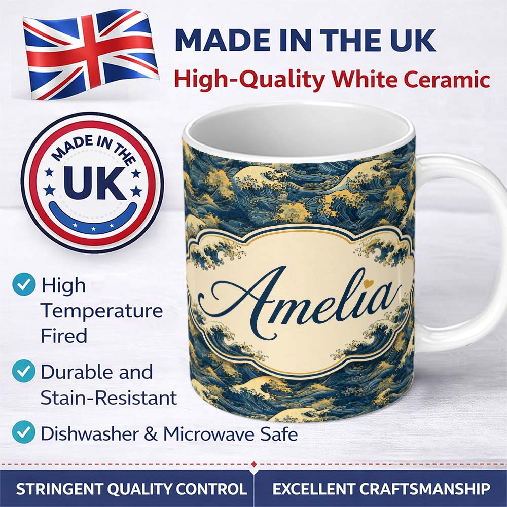 Personalized Custom Name Elegant Gold and Deep Blue Waves Seamless Pattern Name Cute Unique 11oz Ceramic Coffee Tea Mug White Large Handle
