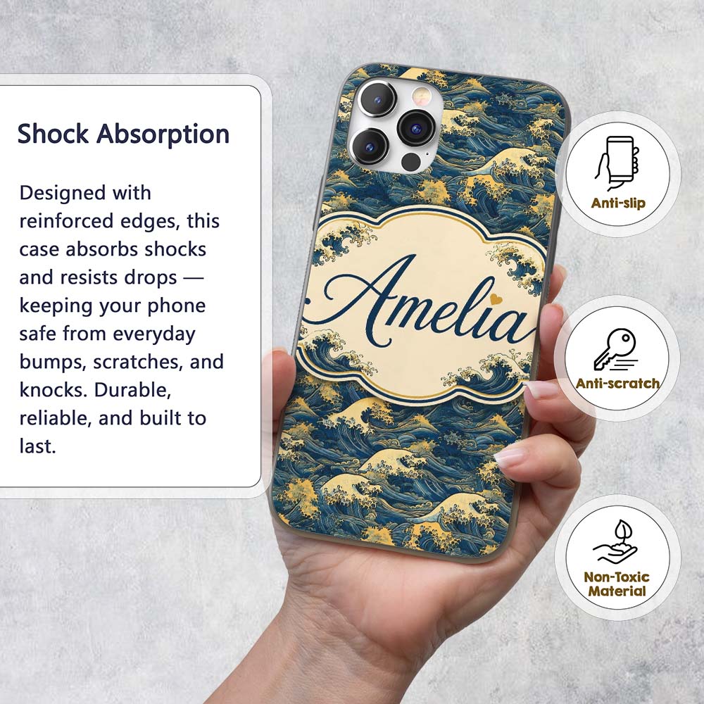 Elegant Gold and Deep Blue Waves Seamless Pattern Custom Name Protective Phone Case Mobile Cover Durable Everyday Smartphone Shock Resistant
