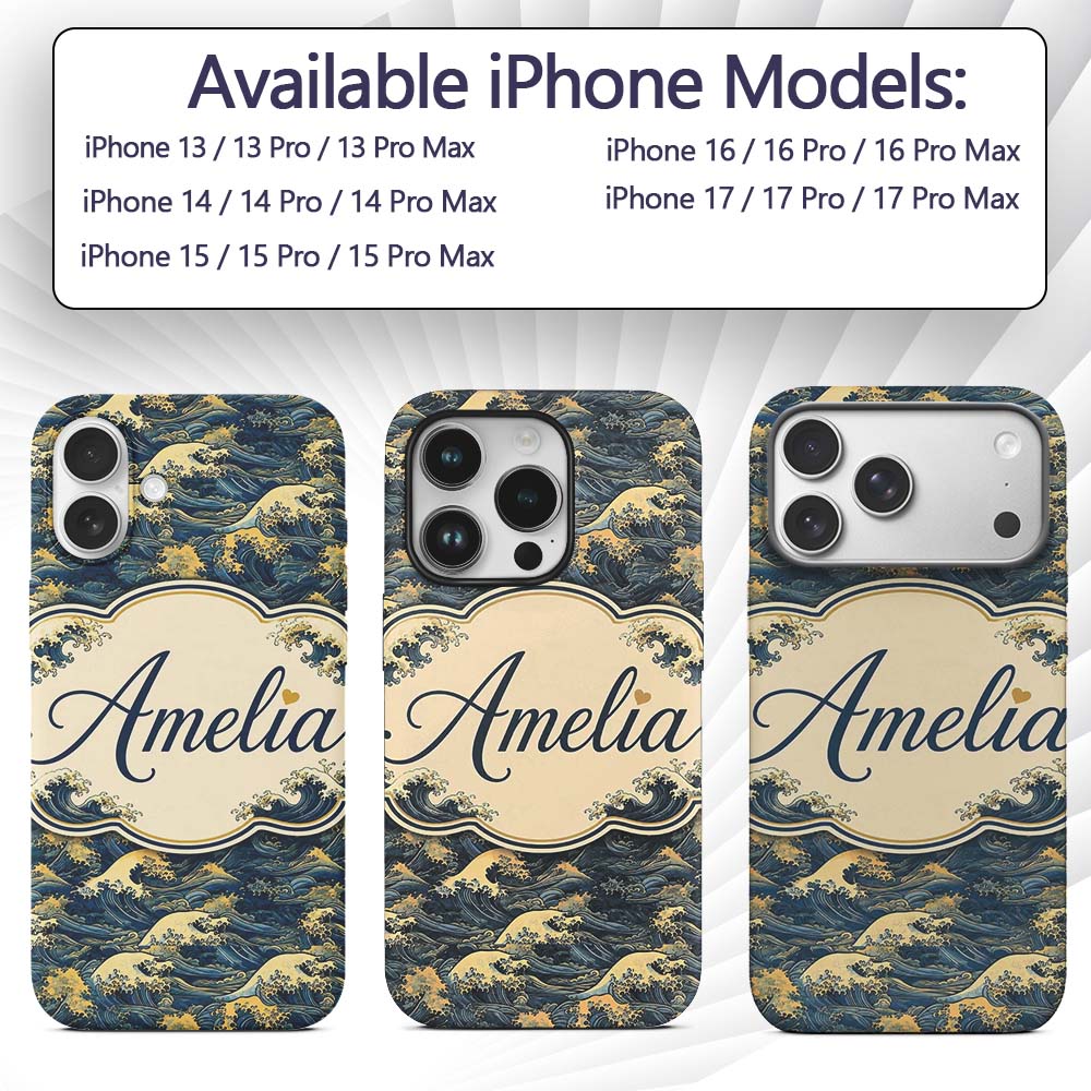 Elegant Gold and Deep Blue Waves Seamless Pattern Custom Name Protective Phone Case Mobile Cover Durable Everyday Smartphone Shock Resistant
