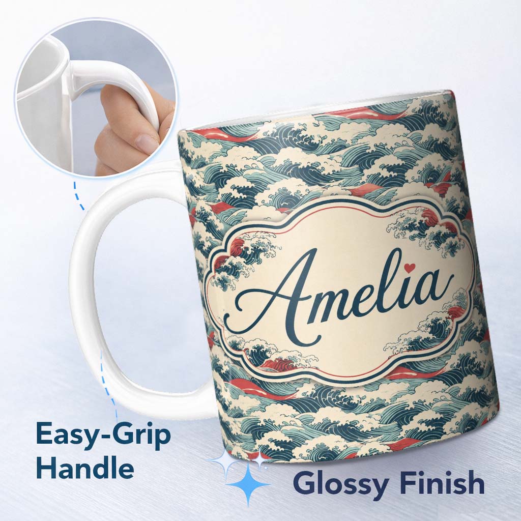 Personalized Custom Name Soft Blue and Red Ocean Waves Seamless Pattern Name Cute Unique Gift 11oz Ceramic Coffee Tea Mug White Large Handle