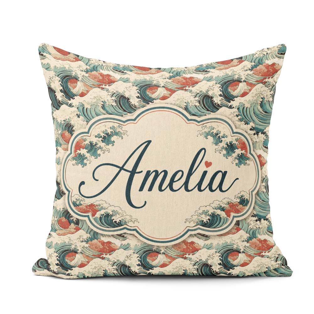 Custom Name Detailed Japanese Wave Foam Pattern Design Name Cute Square Filled Cushion Throw Pillow Sofa Bed Home Decor Zip Washable UK Made
