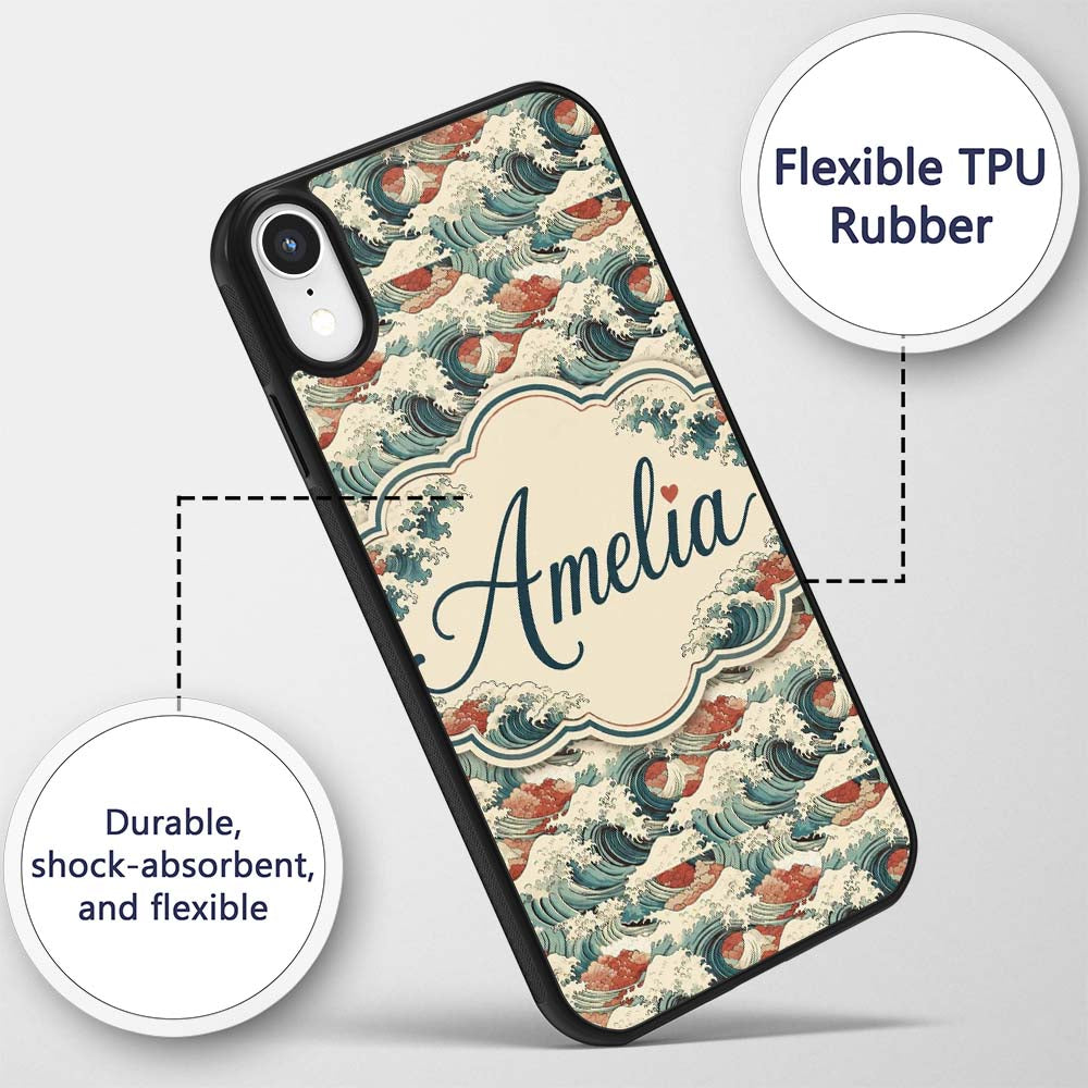 Detailed Japanese Wave Foam Pattern Seamless Custom Name Protective Phone Case Mobile Cover Durable Everyday Smartphone Shock Resistant