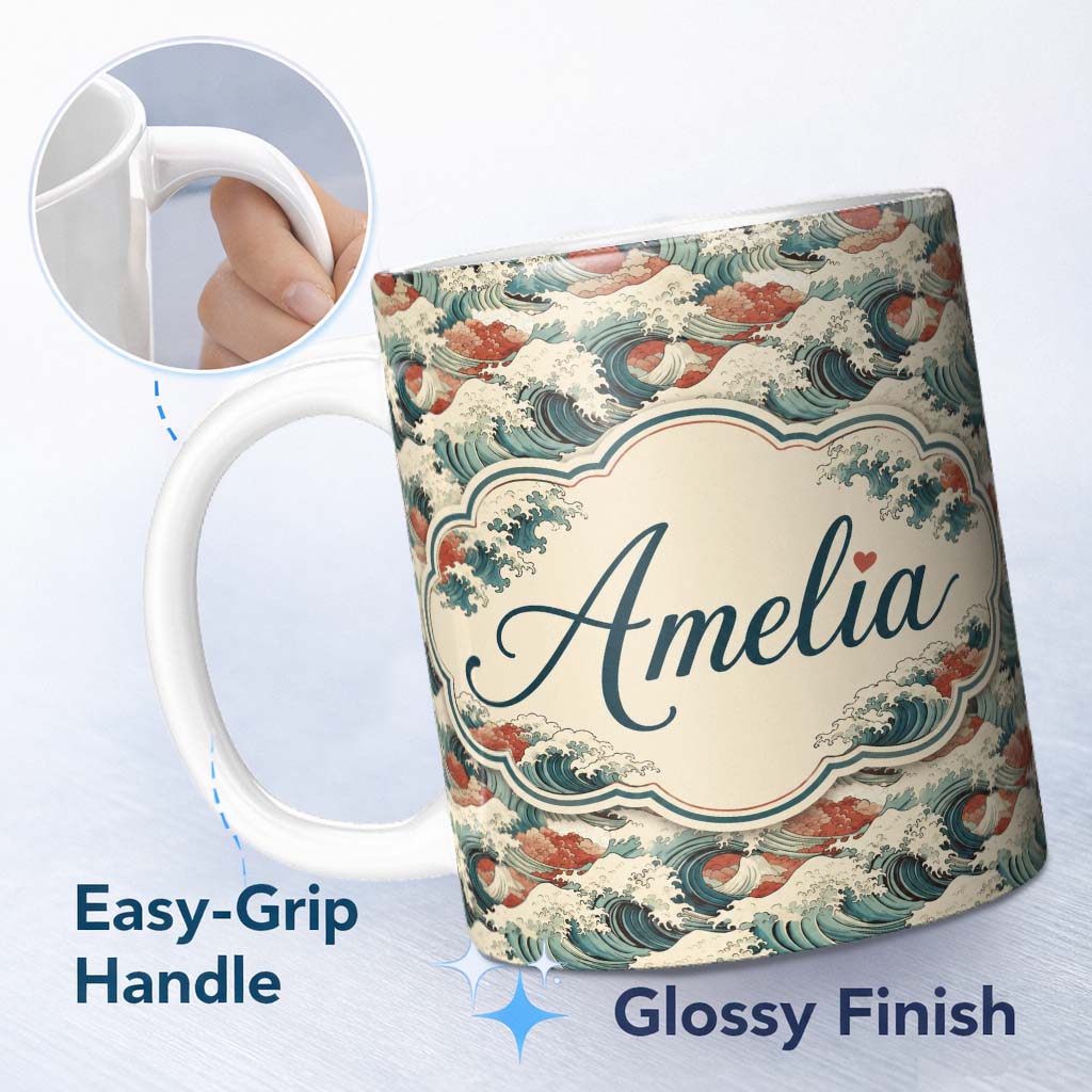 Personalized Custom Name Detailed Japanese Wave Foam Pattern Seamless Design Name Cute 11oz Ceramic Coffee Tea Mug White Large Handle