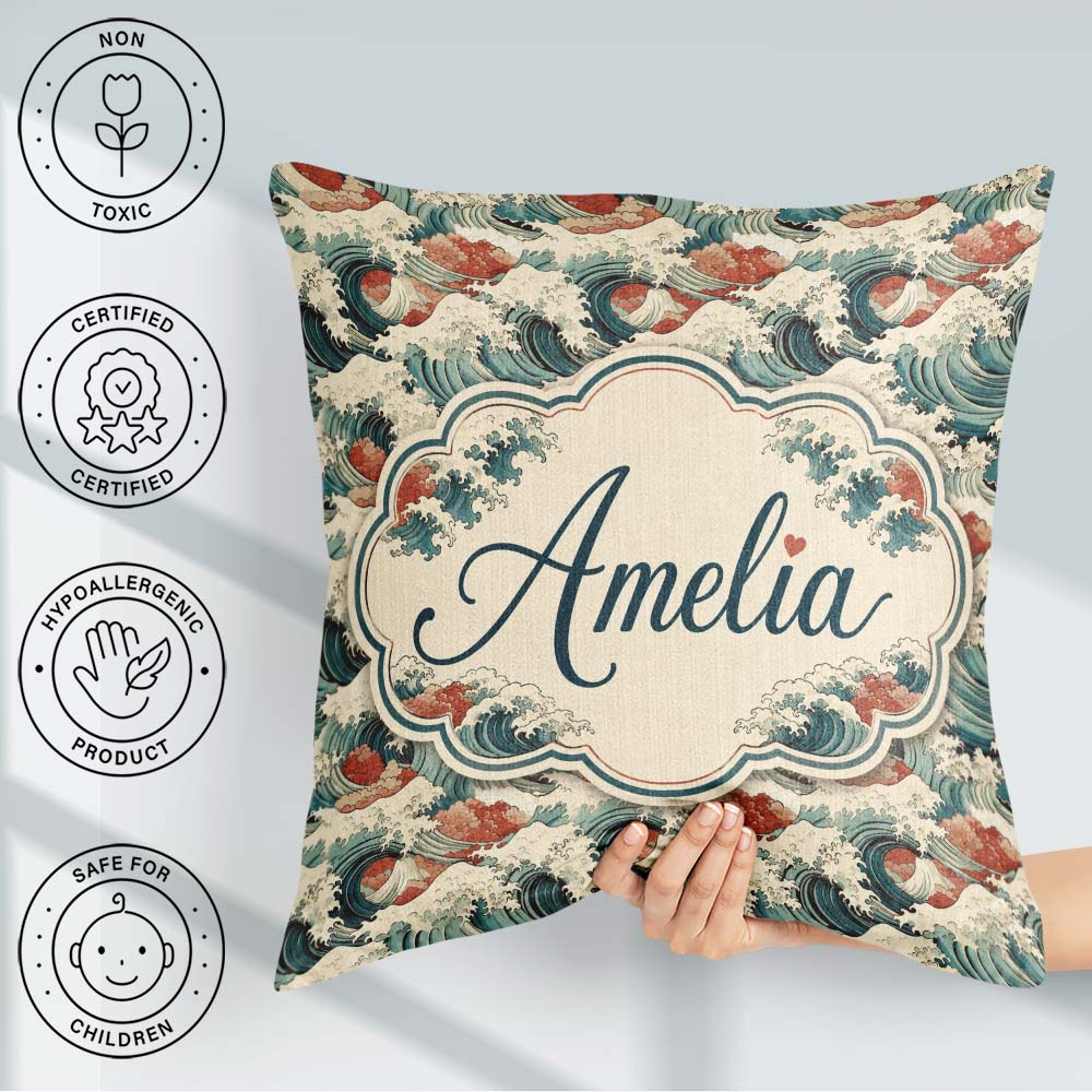 Custom Name Detailed Japanese Wave Foam Pattern Design Name Cute Square Filled Cushion Throw Pillow Sofa Bed Home Decor Zip Washable UK Made