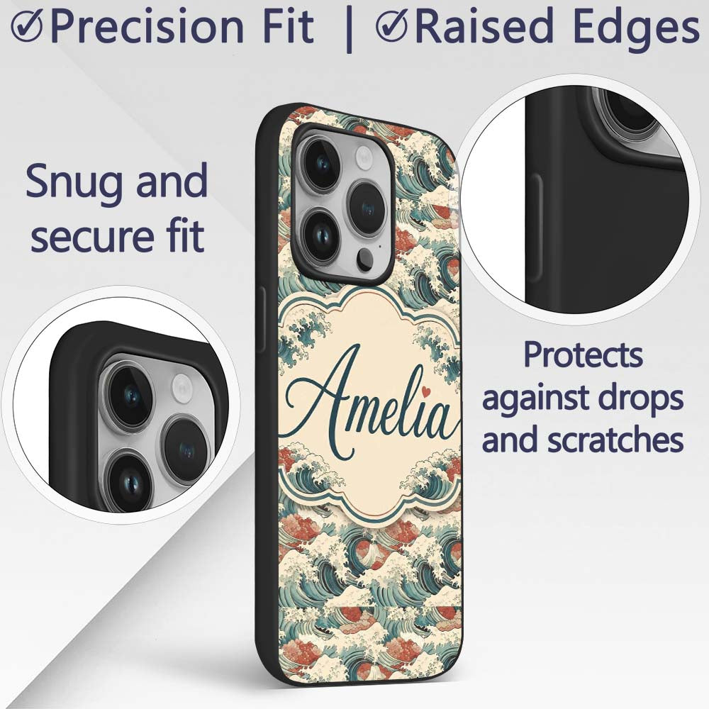 Detailed Japanese Wave Foam Pattern Seamless Custom Name Protective Phone Case Mobile Cover Durable Everyday Smartphone Shock Resistant