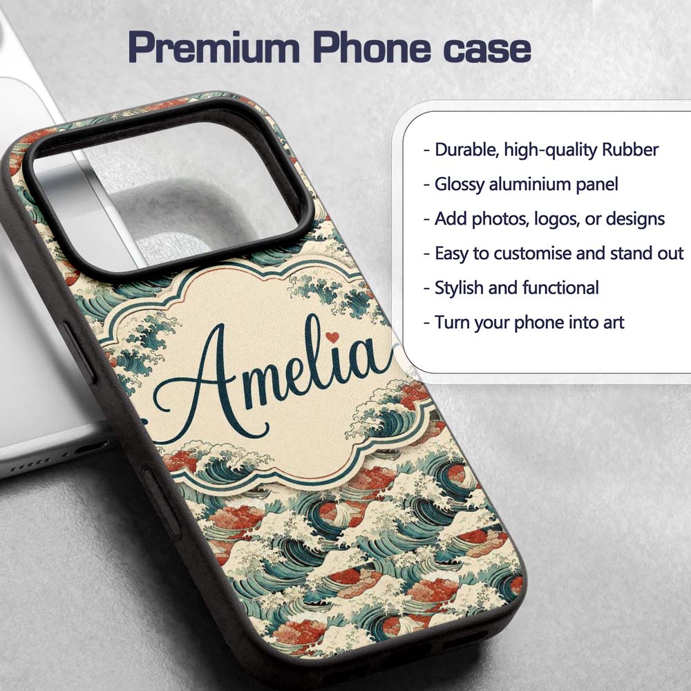 Detailed Japanese Wave Foam Pattern Seamless Custom Name Protective Phone Case Mobile Cover Durable Everyday Smartphone Shock Resistant