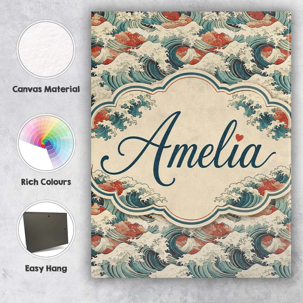 Personalised Name Detailed Japanese Wave Custom Unique Gift Idea Elegant Feature Canvas Wall Art Print Decor Picture Ready to Hang