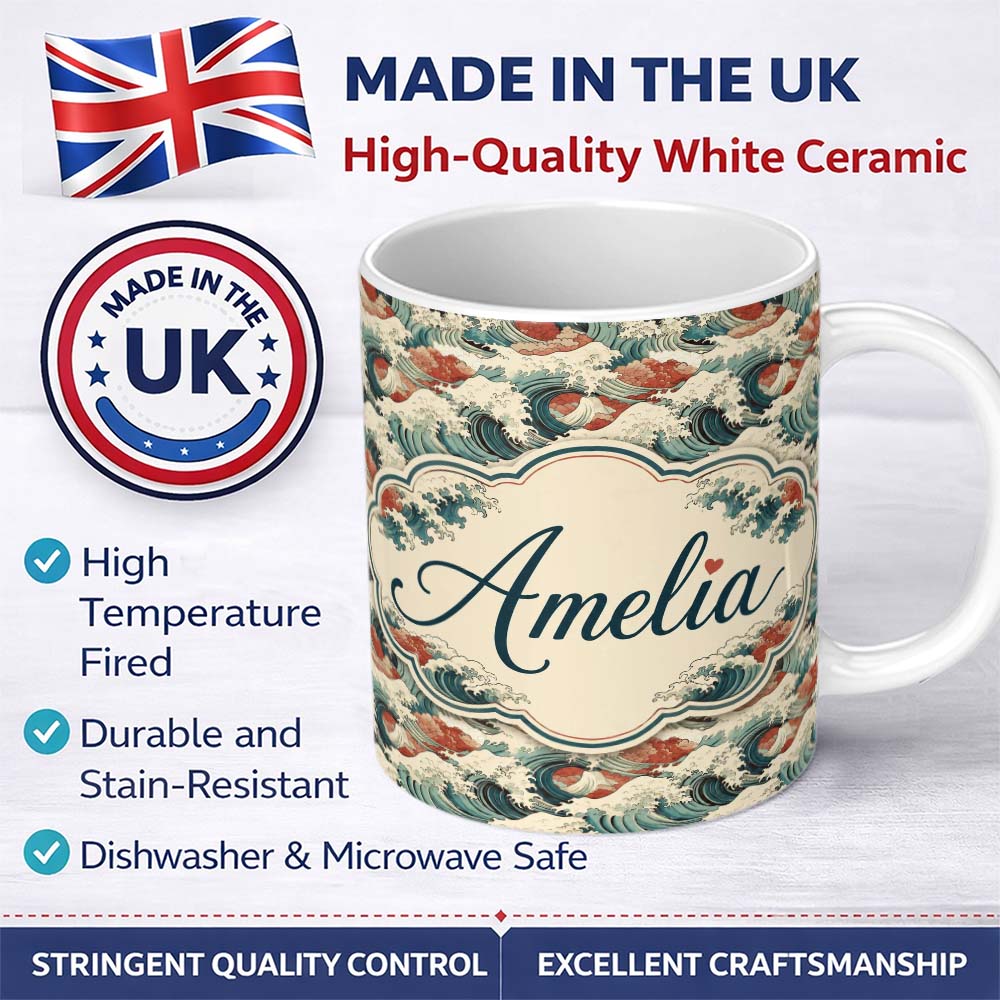 Personalized Custom Name Detailed Japanese Wave Foam Pattern Seamless Design Name Cute 11oz Ceramic Coffee Tea Mug White Large Handle