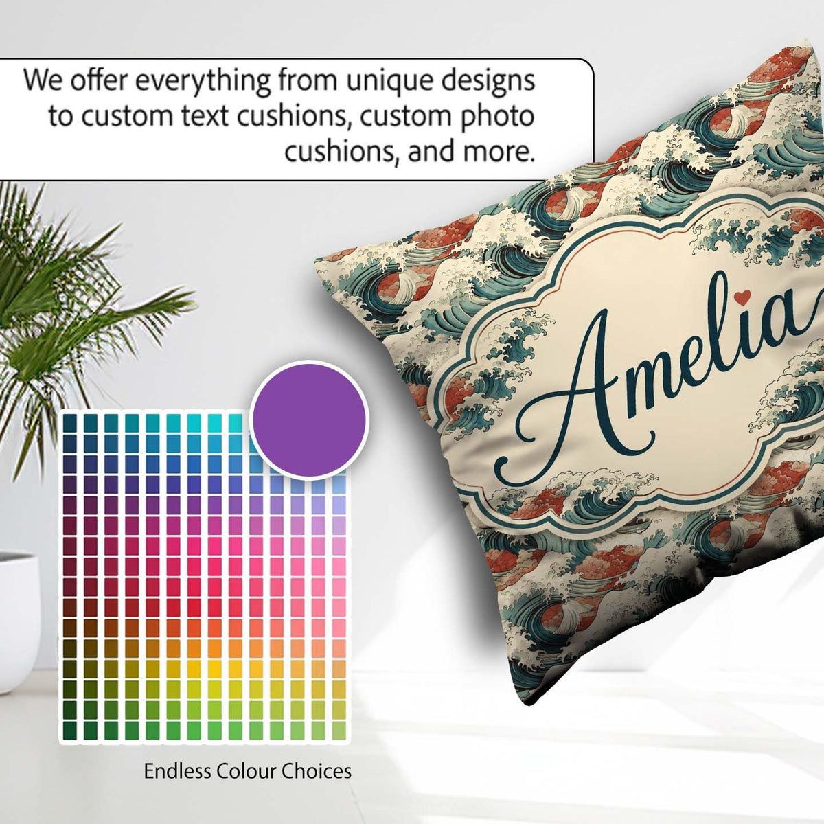 Custom Name Detailed Japanese Wave Foam Pattern Design Name Cute Square Filled Cushion Throw Pillow Sofa Bed Home Decor Zip Washable UK Made
