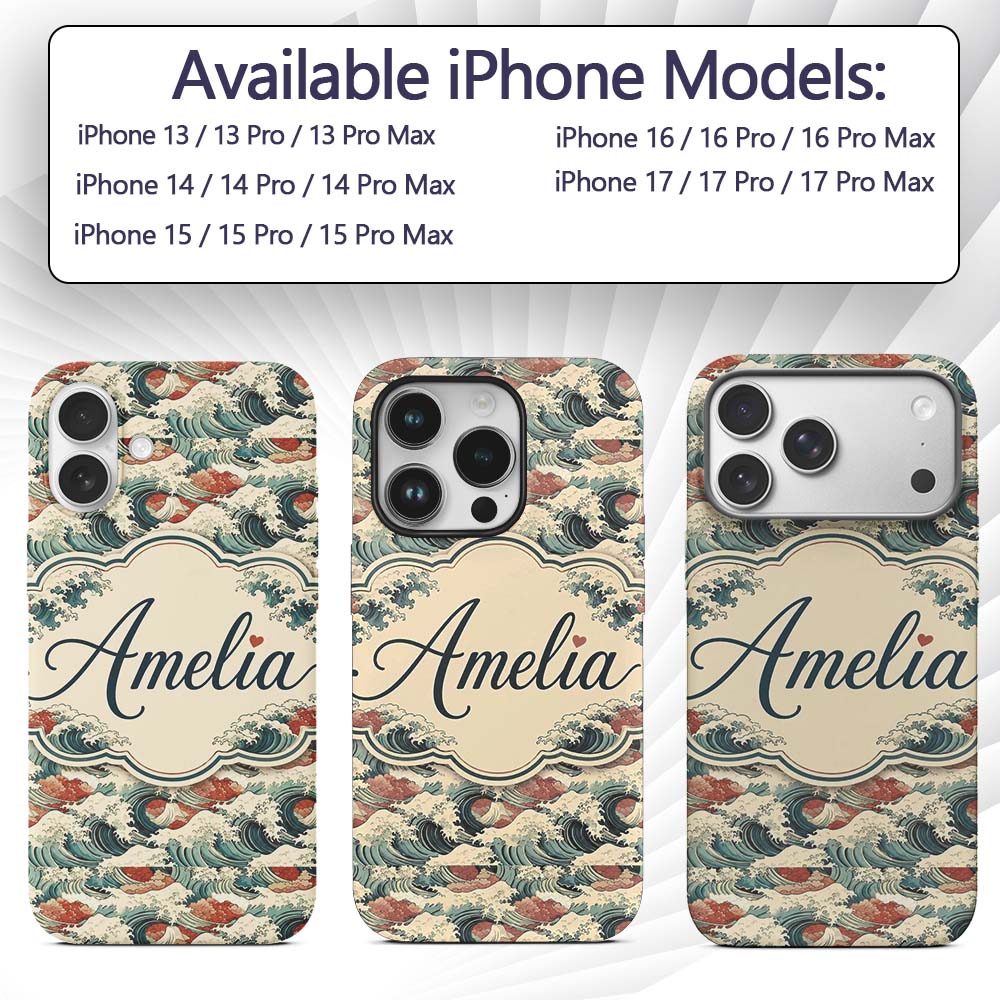 Detailed Japanese Wave Foam Pattern Seamless Custom Name Protective Phone Case Mobile Cover Durable Everyday Smartphone Shock Resistant
