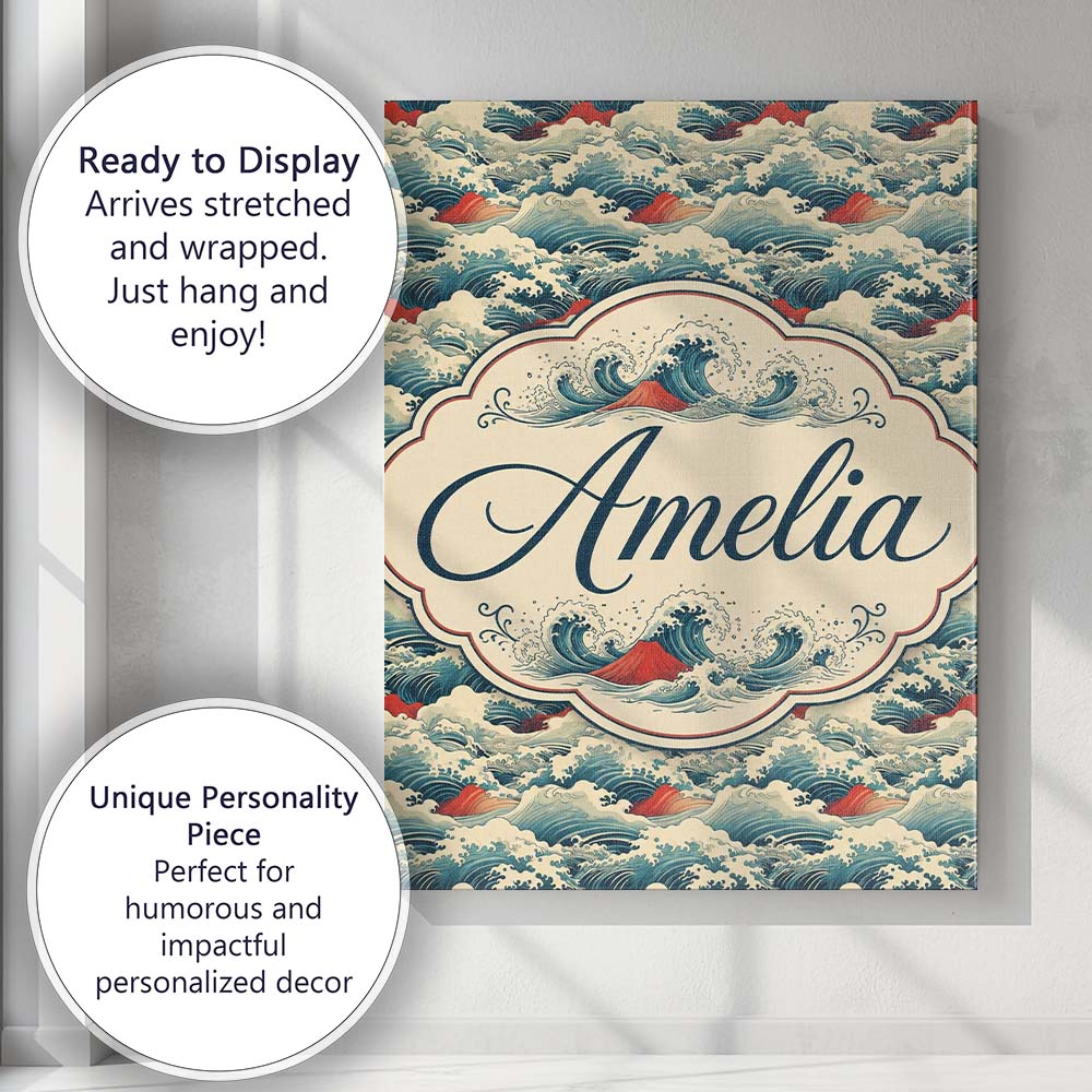 Personalised Name Japanese Ocean Waves with Custom Bespoke Interior Contemporary Canvas Wall Art Print Decor Picture Ready to Hang