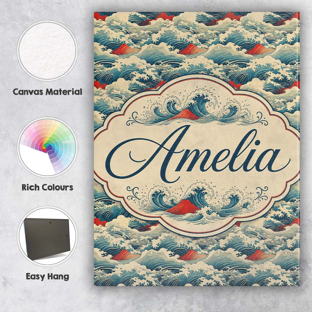 Personalised Name Japanese Ocean Waves with Custom Bespoke Interior Contemporary Canvas Wall Art Print Decor Picture Ready to Hang