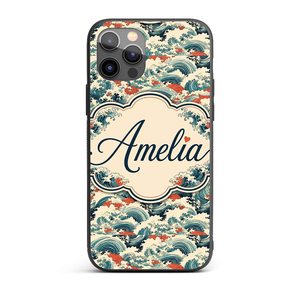 Stylised Blue and Coral Japanese Waves Seamless Custom Name Protective Phone Case Mobile Cover Durable Everyday Smartphone Shock Resistant