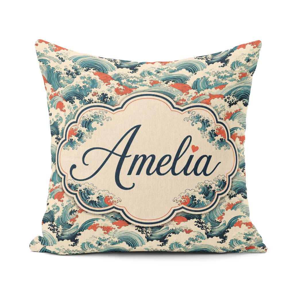 Custom Name Stylised Blue and Coral Japanese Waves Seamless Name Square Filled Cushion Throw Pillow Sofa Bed Home Decor Zip Washable UK Made