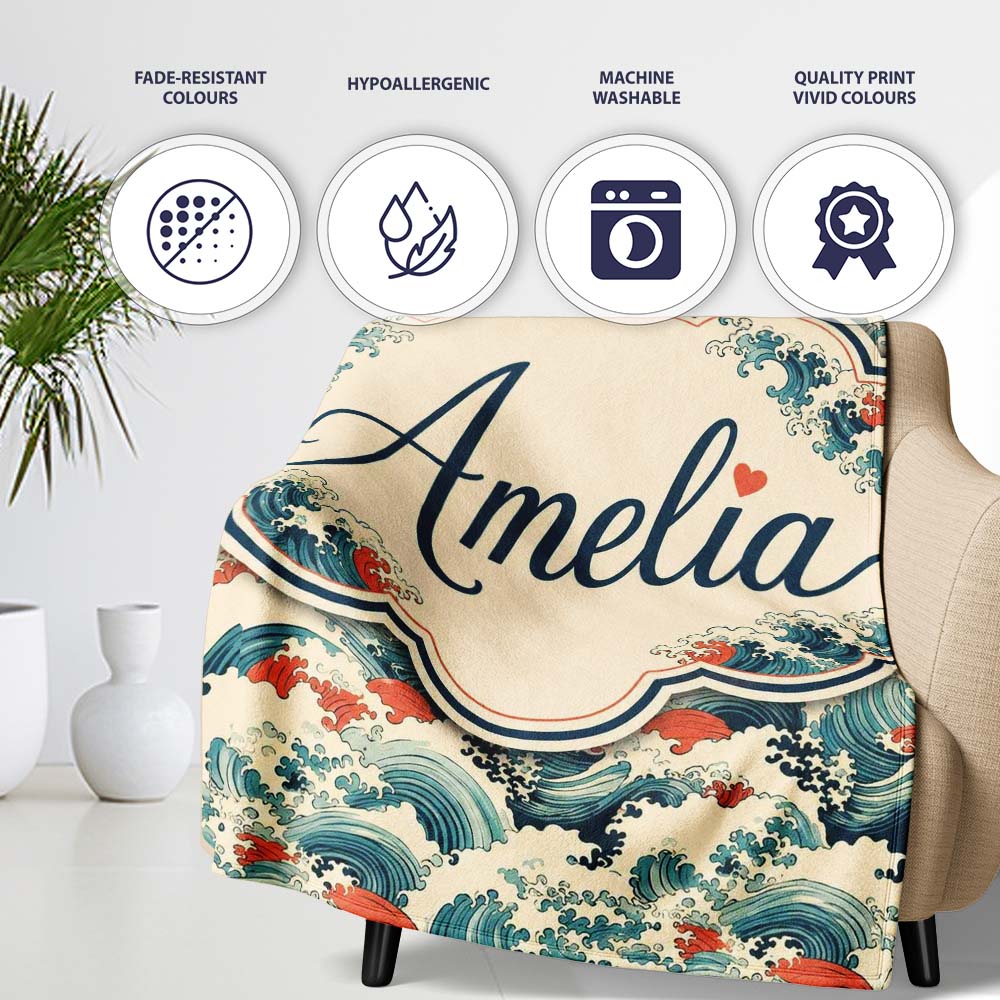 Stylised Blue and Coral Japanese Waves Seamless Pattern Name Cute Personalised Custom Name Super Soft Fleece Blanket Bed Sofa Throw