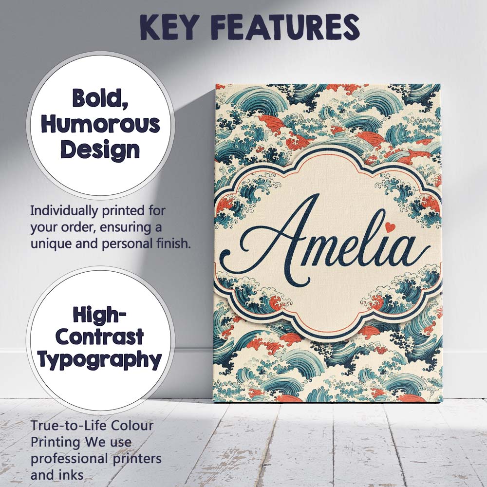 Personalised Name Stylised Blue and Coral Custom Unique Gift Idea Elegant Feature Canvas Wall Art Print Decor Picture Ready to Hang