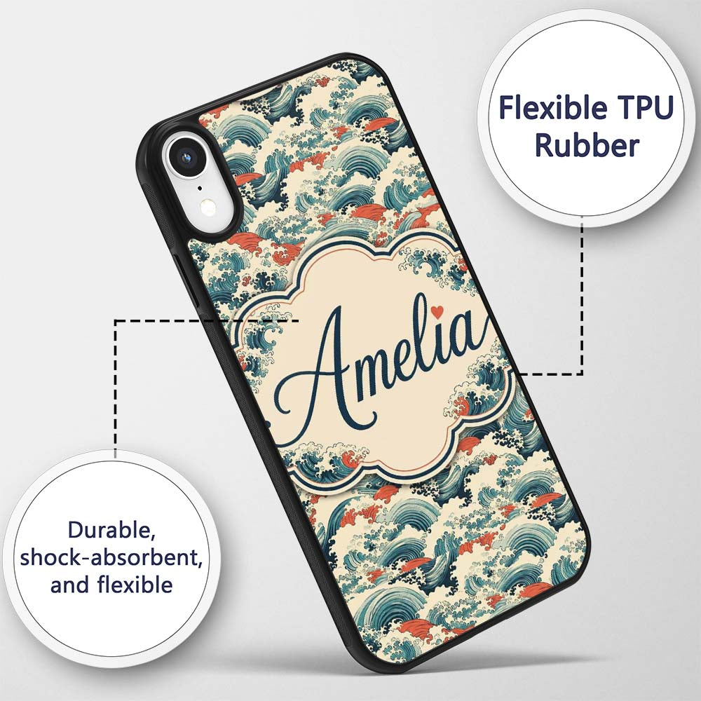 Stylised Blue and Coral Japanese Waves Seamless Custom Name Protective Phone Case Mobile Cover Durable Everyday Smartphone Shock Resistant