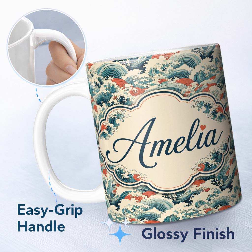 Personalized Custom Name Stylised Blue and Coral Japanese Waves Seamless Pattern Name Cute 11oz Ceramic Coffee Tea Mug White Large Handle