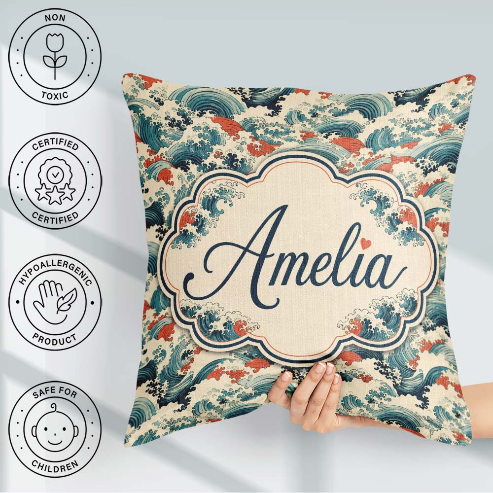 Custom Name Stylised Blue and Coral Japanese Waves Seamless Name Square Filled Cushion Throw Pillow Sofa Bed Home Decor Zip Washable UK Made