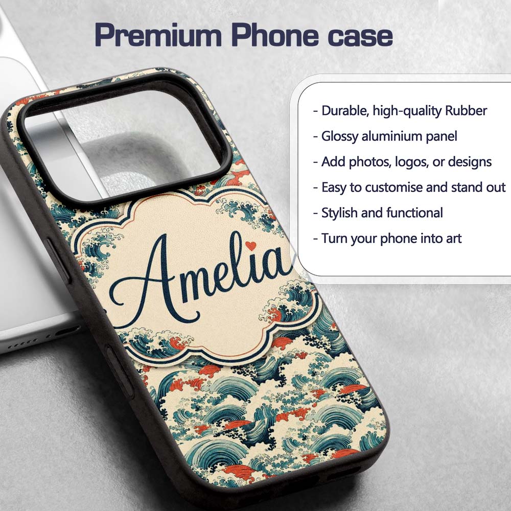 Stylised Blue and Coral Japanese Waves Seamless Custom Name Protective Phone Case Mobile Cover Durable Everyday Smartphone Shock Resistant