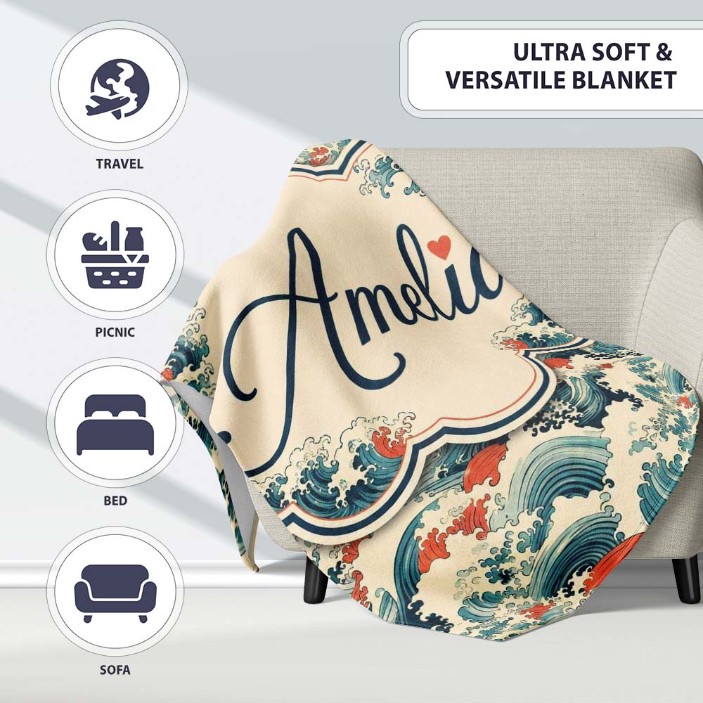 Stylised Blue and Coral Japanese Waves Seamless Pattern Name Cute Personalised Custom Name Super Soft Fleece Blanket Bed Sofa Throw