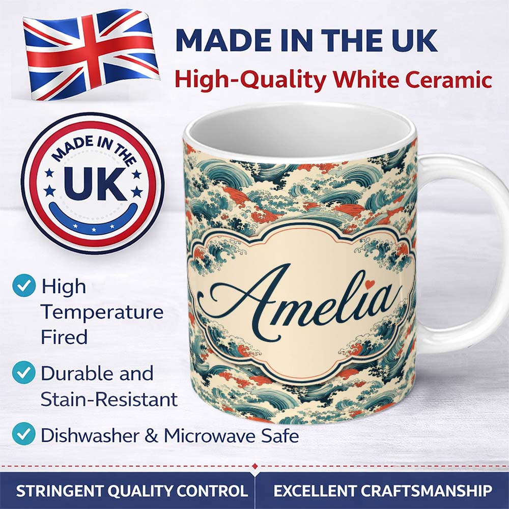 Personalized Custom Name Stylised Blue and Coral Japanese Waves Seamless Pattern Name Cute 11oz Ceramic Coffee Tea Mug White Large Handle