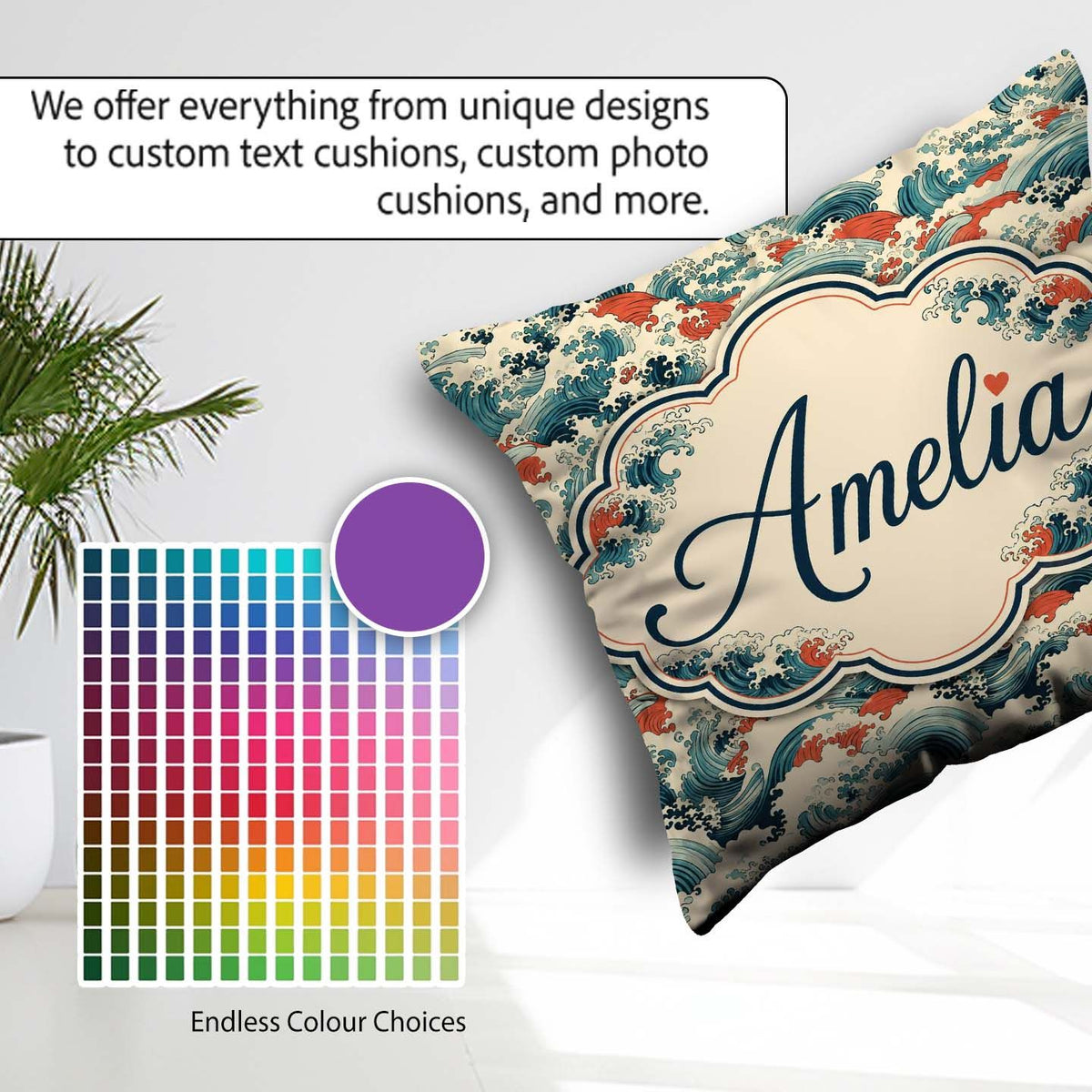 Custom Name Stylised Blue and Coral Japanese Waves Seamless Name Square Filled Cushion Throw Pillow Sofa Bed Home Decor Zip Washable UK Made