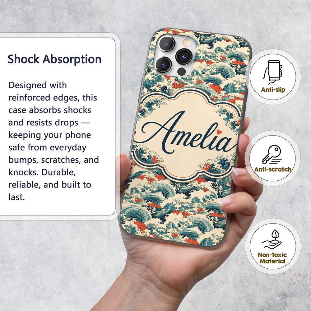 Stylised Blue and Coral Japanese Waves Seamless Custom Name Protective Phone Case Mobile Cover Durable Everyday Smartphone Shock Resistant