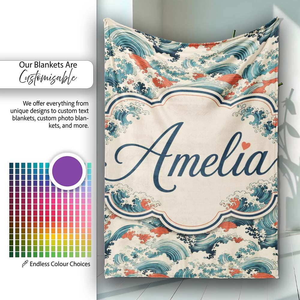 Stylised Blue and Coral Japanese Waves Seamless Pattern Name Cute Personalised Custom Name Super Soft Fleece Blanket Bed Sofa Throw
