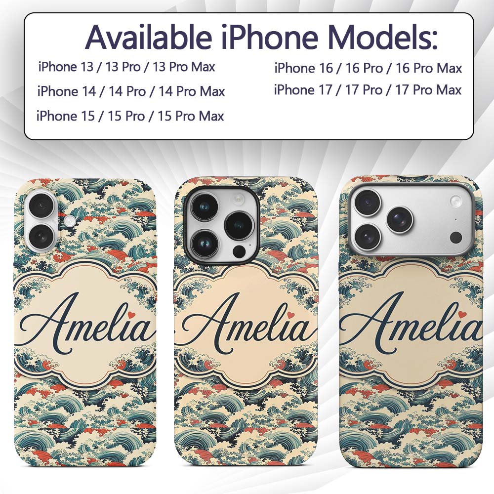 Stylised Blue and Coral Japanese Waves Seamless Custom Name Protective Phone Case Mobile Cover Durable Everyday Smartphone Shock Resistant