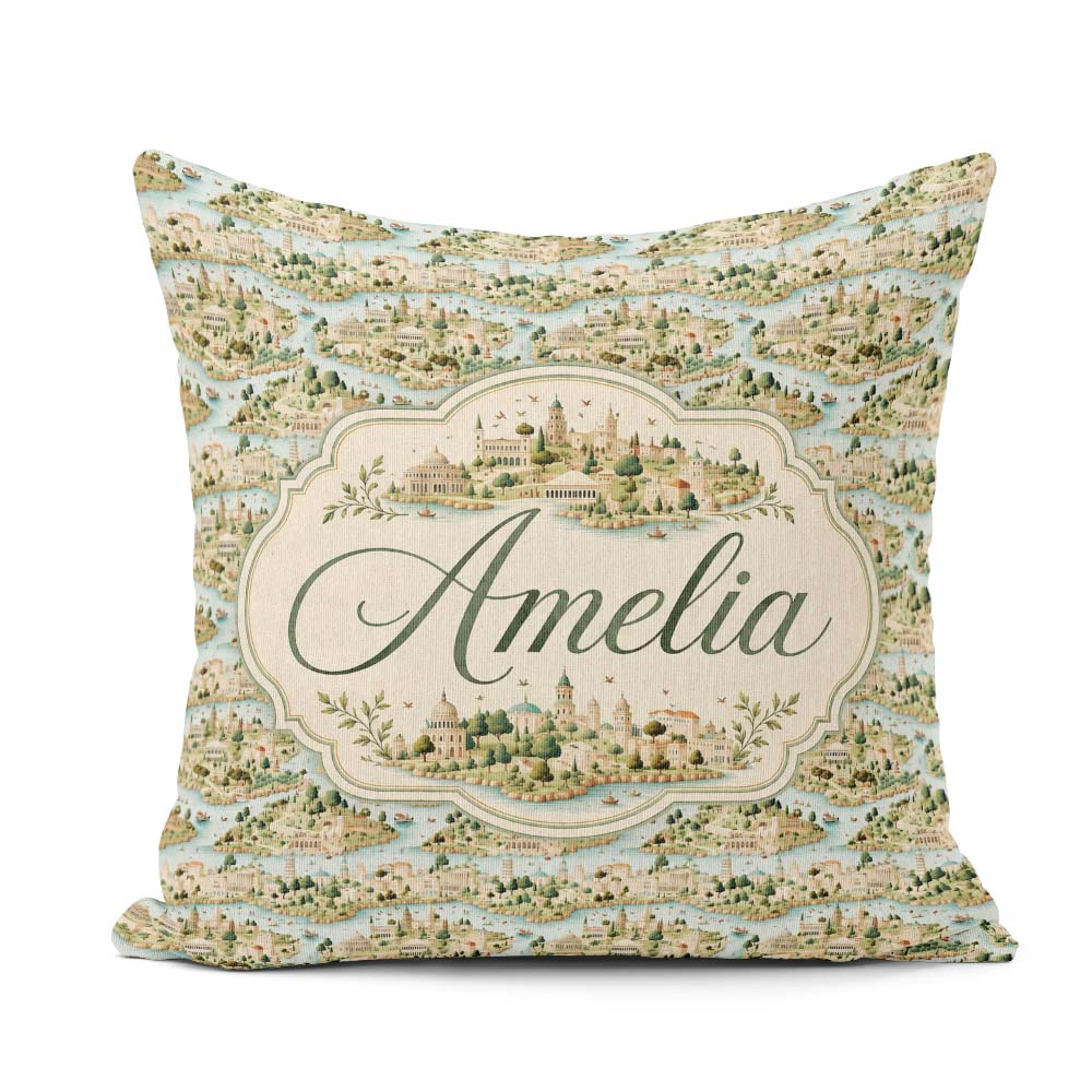 Custom Name Mediterranean Coastal Town Scenic Seamless Name Cute Square Filled Cushion Throw Pillow Sofa Bed Home Decor Zip Washable UK Made